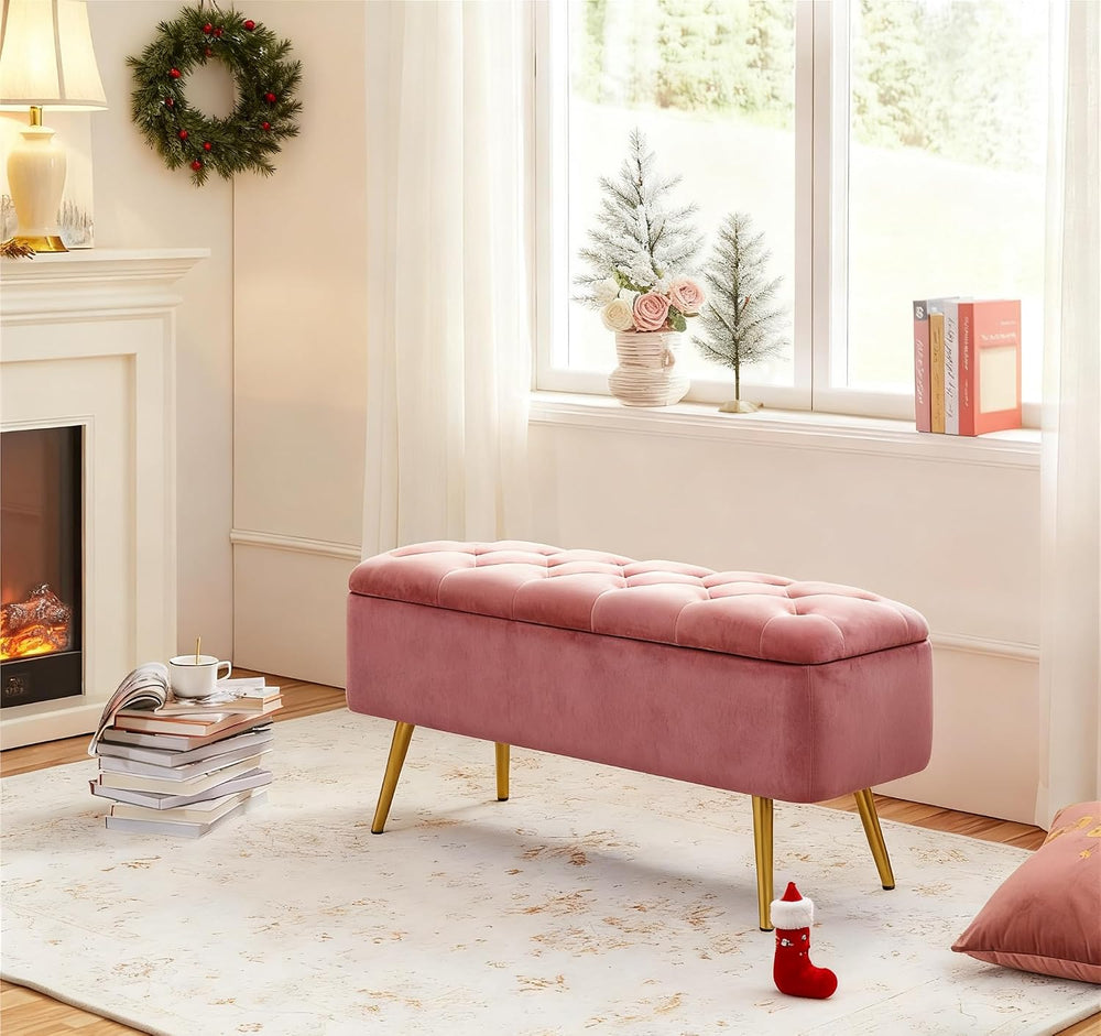 Yaheetech 43in Velvet Storage Ottoman Bench for Bedroom End of Bed, Pink | Bu...