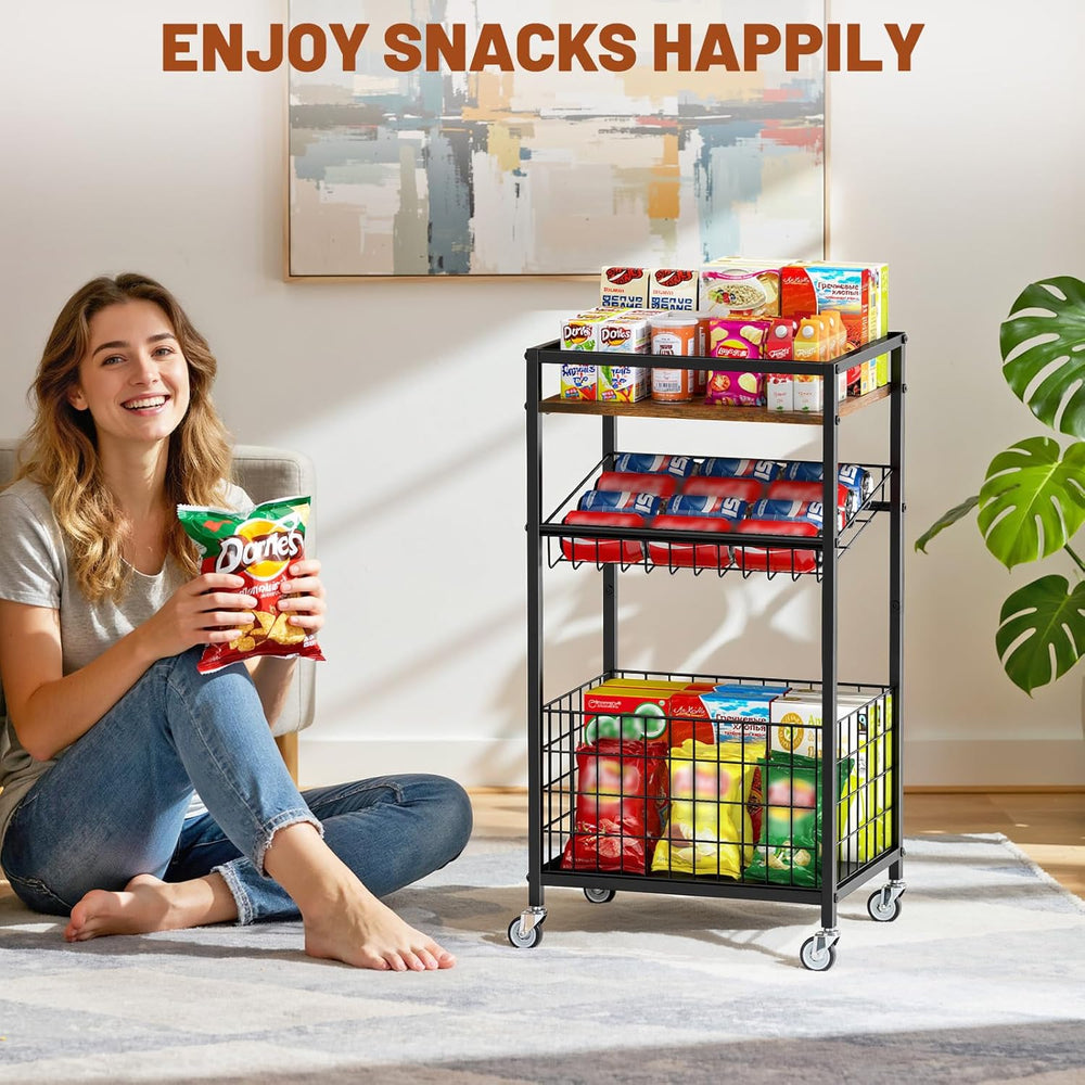 Fruit Vegetable Cart, 3-Tier Snack Kitchen Cart on Wheels & Wood Top, Uti...