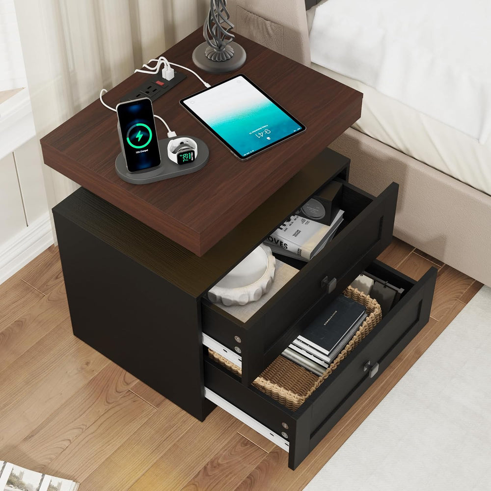 MHOM Farmhouse LED Nightstand Set of 2, Wood Bedroom Side Table with Charging...