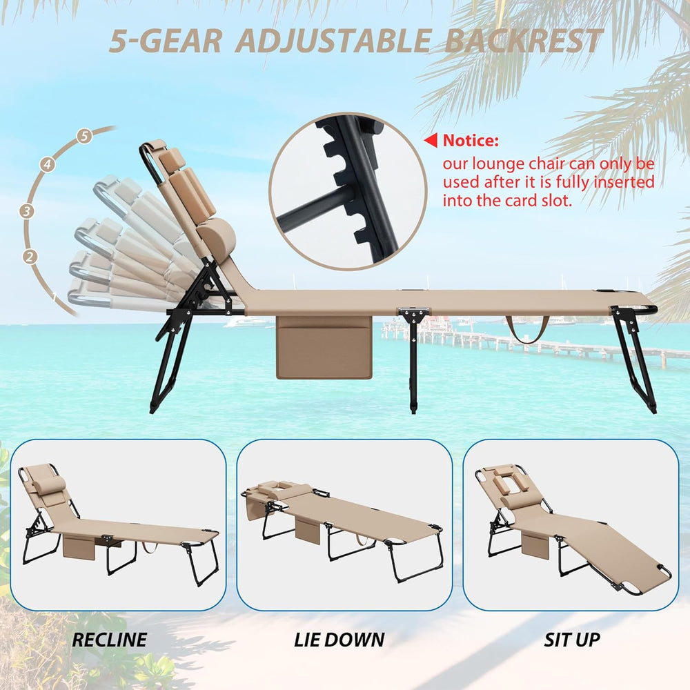 400lbs Tanning Chair with Face Hole, 5-Position Folding Chaise Lounge Chair w...