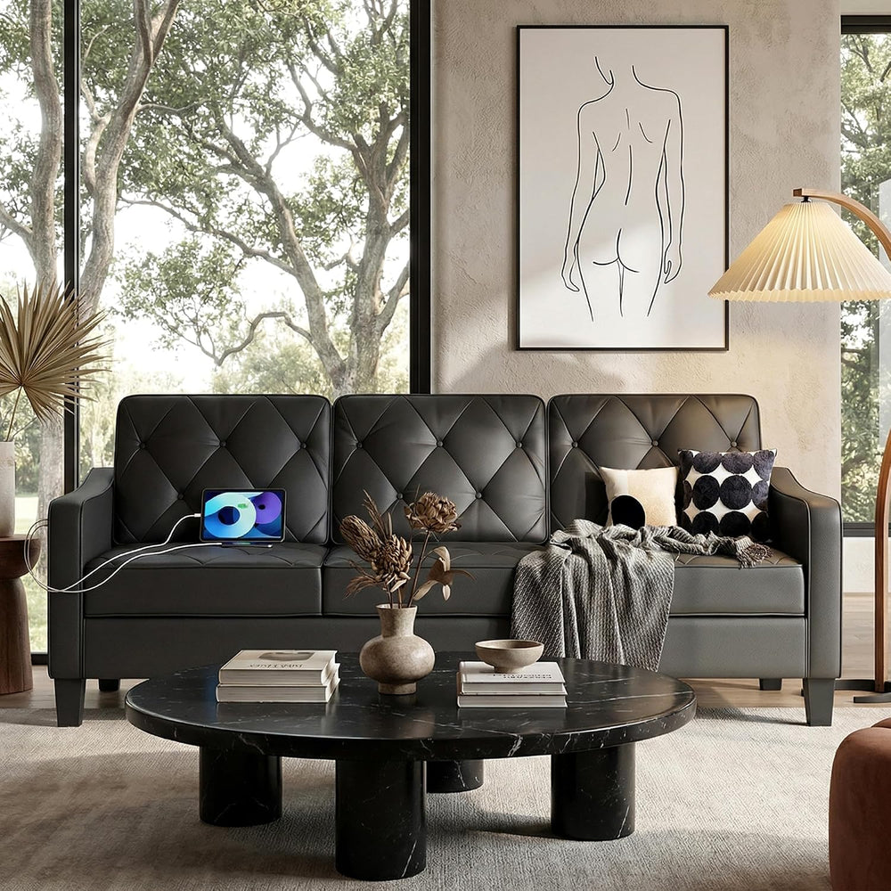 83" Black Faux Leather 3 Seater Couch, Mid Century Tufted Sofa Living Ro...