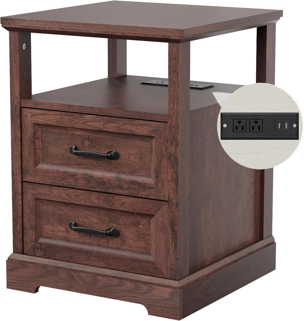 HOMMPA 18'' W Farmhouse Nightstand with Charging Station, Bedside Tab...
