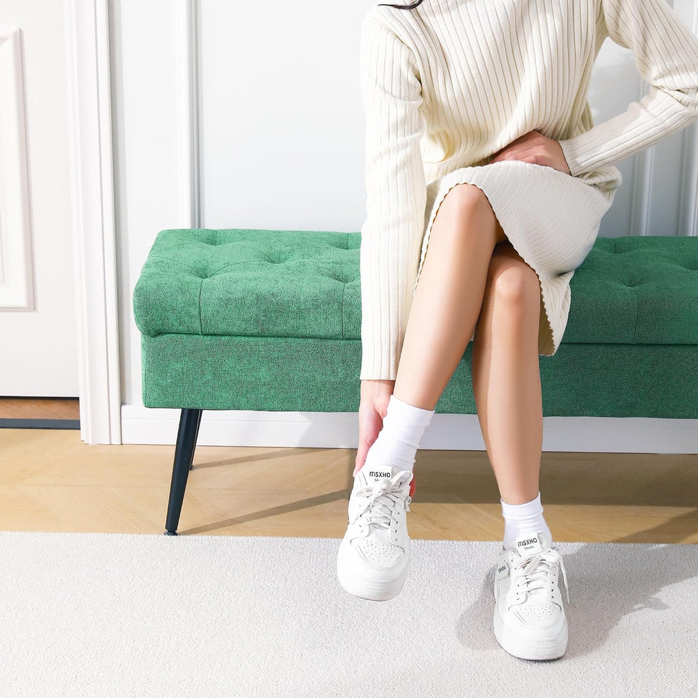 Storage Ottoman Long Upholstered Entryway Bench, 43.5" Fabric Green | La...