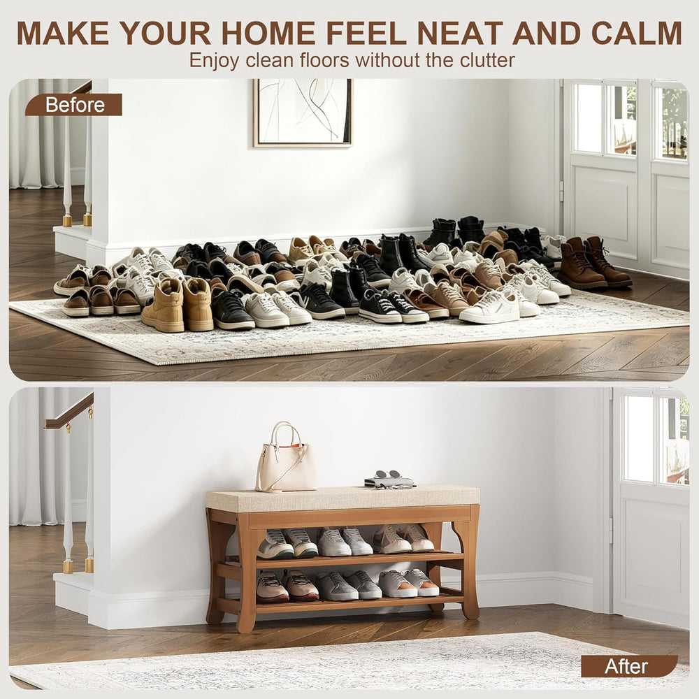 PETKABOO 27.6" Shoe Storage Bench with Cushion, Bamboo Shoe Rack Bench, ...