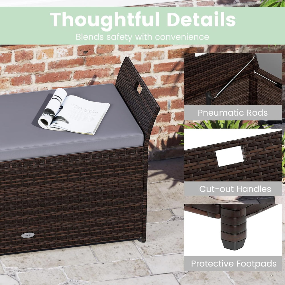 RELAX4LIFE Wicker Outdoor Storage Bench - 68 Gallon Rattan Deck Box w/Side Ha...