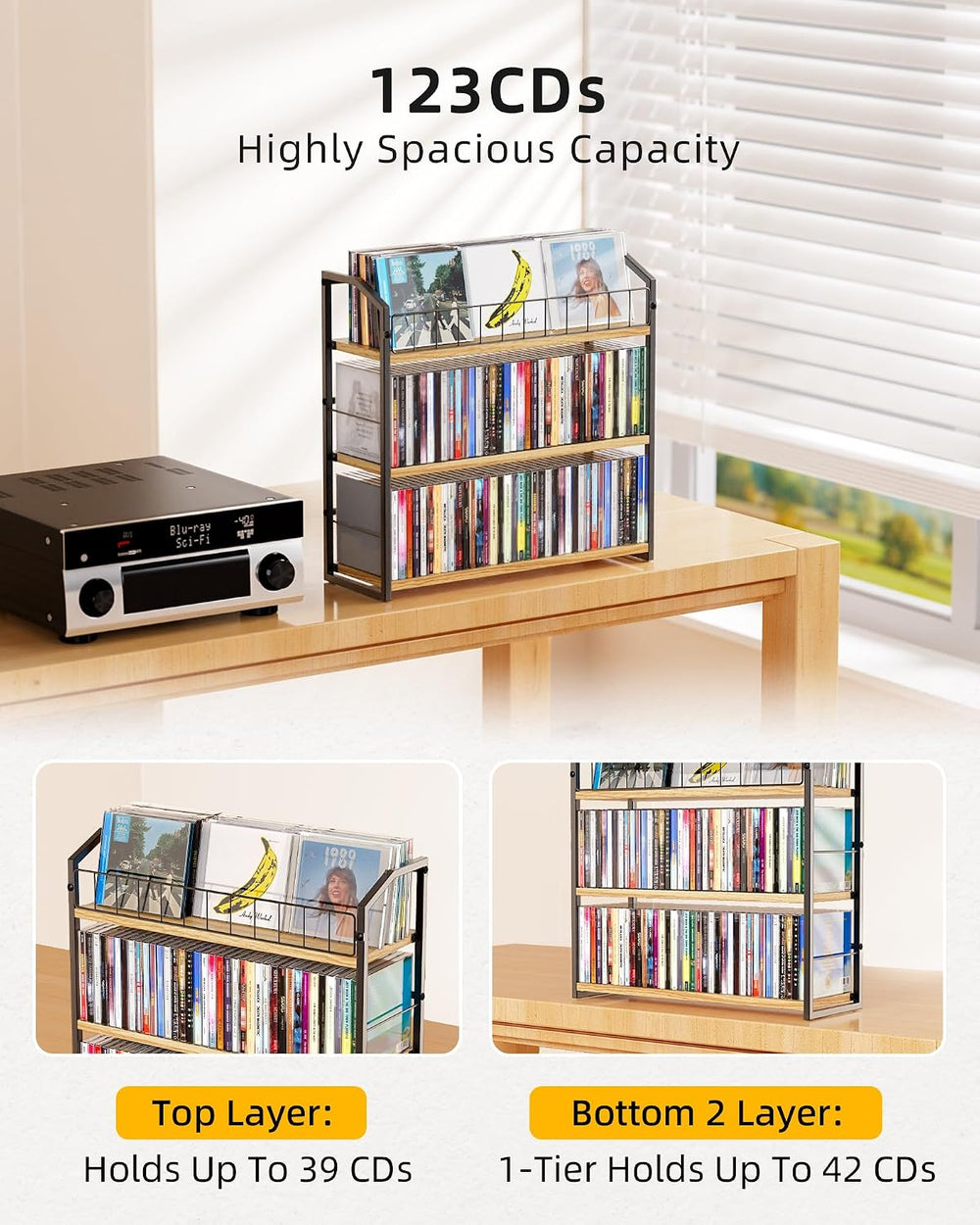 3-Tier CD Holder, CD Storage Rack for Non-slip Feet, Premium Display Organize...