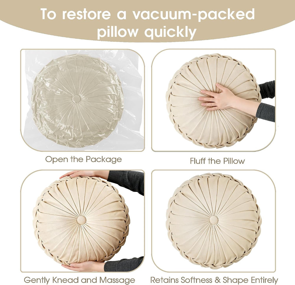 ROSE&RISY Round Pleated Velvet Throw Pillows, 2 Pack Decorative Accent Pu...