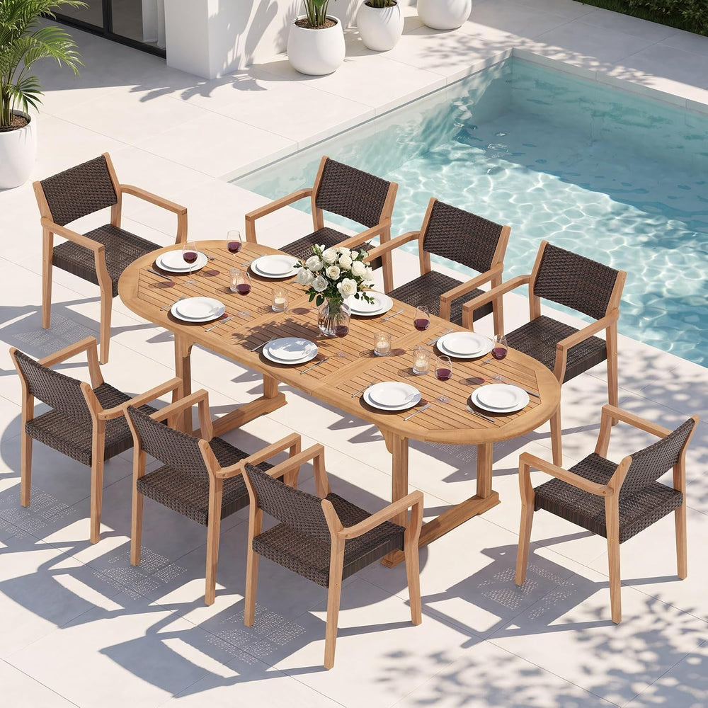 PHI VILLA Outdoor Dining Set for 8, Expandable Acacia Wood Table & Chairs