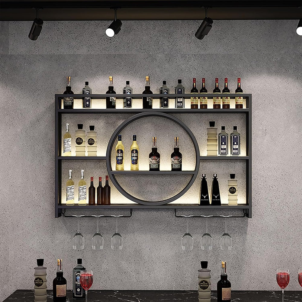 Wall Mounted Wine Rack, Metal Floating Bar Shelves with Wine Glass Holder, Mi...