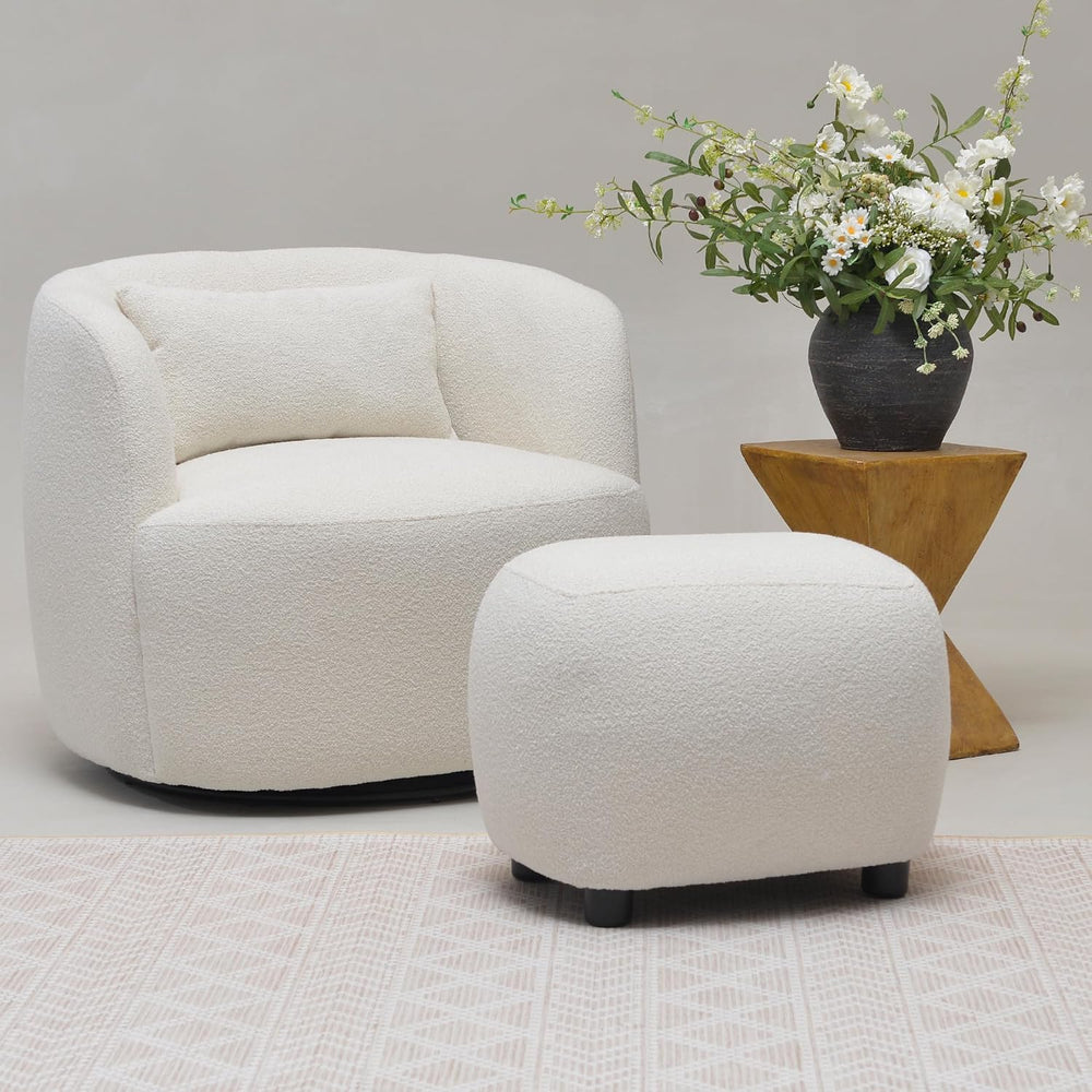 KINWELL Round Boucle Upholstered Ottoman Chair Padded Seat Footstool, Beige |...