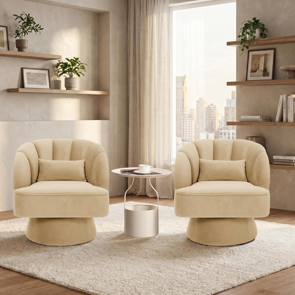 GarveeHome Modern 360° Swivel Velvet Barrel Accent Armchair – Striped Backres...