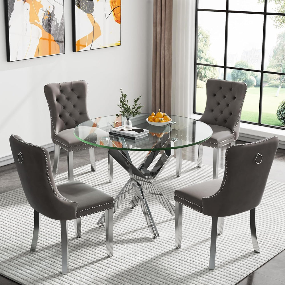 Round Glass Dining Table Set,36'' Glass Kitchen Dining Table Set for ...