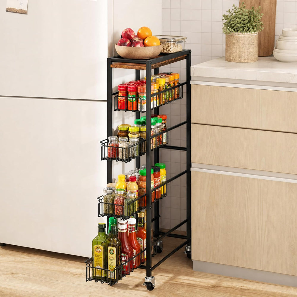5-Tier Slim Rolling Cart Kitchen Utility Cart, Narrow Kitchen Cabinet with 4 ...
