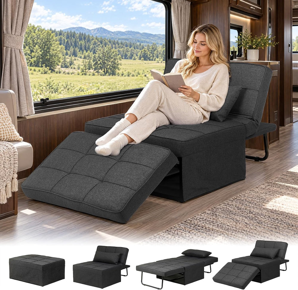 Ottoman Chair Sofa Bed, 4 in 1 Sleeper Ottoman Chair, Black Grey