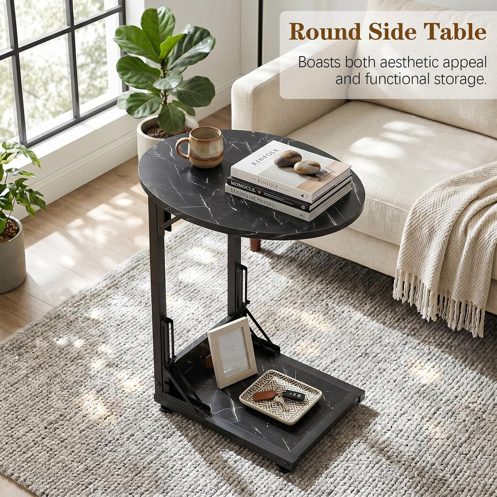 Folding Side Table, C Shaped End Table with Metal Frame, Round Couch Table &a...