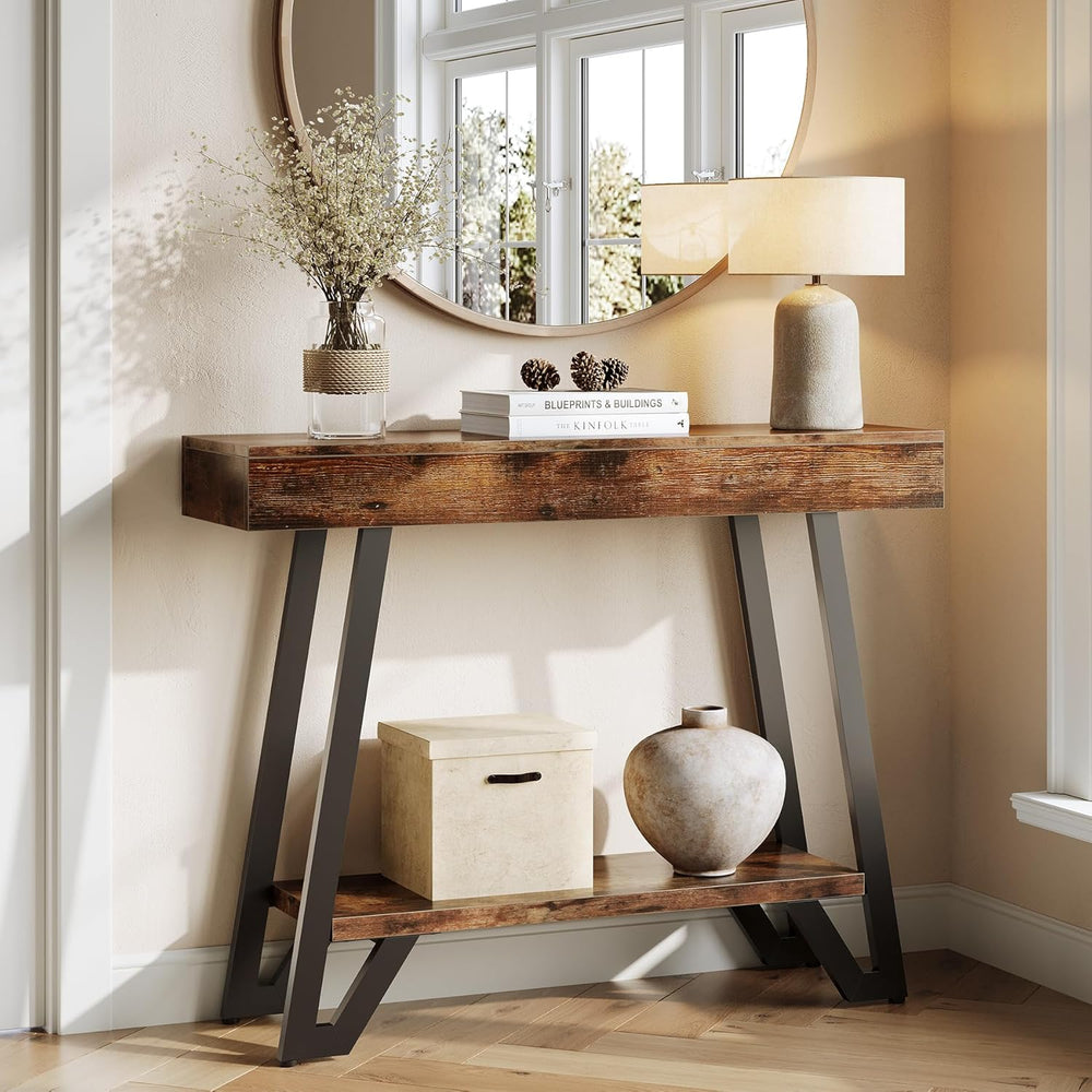 LITTLE TREE 41-Inch Console Table with Geometric Metal Frame, Rustic Brown, E...