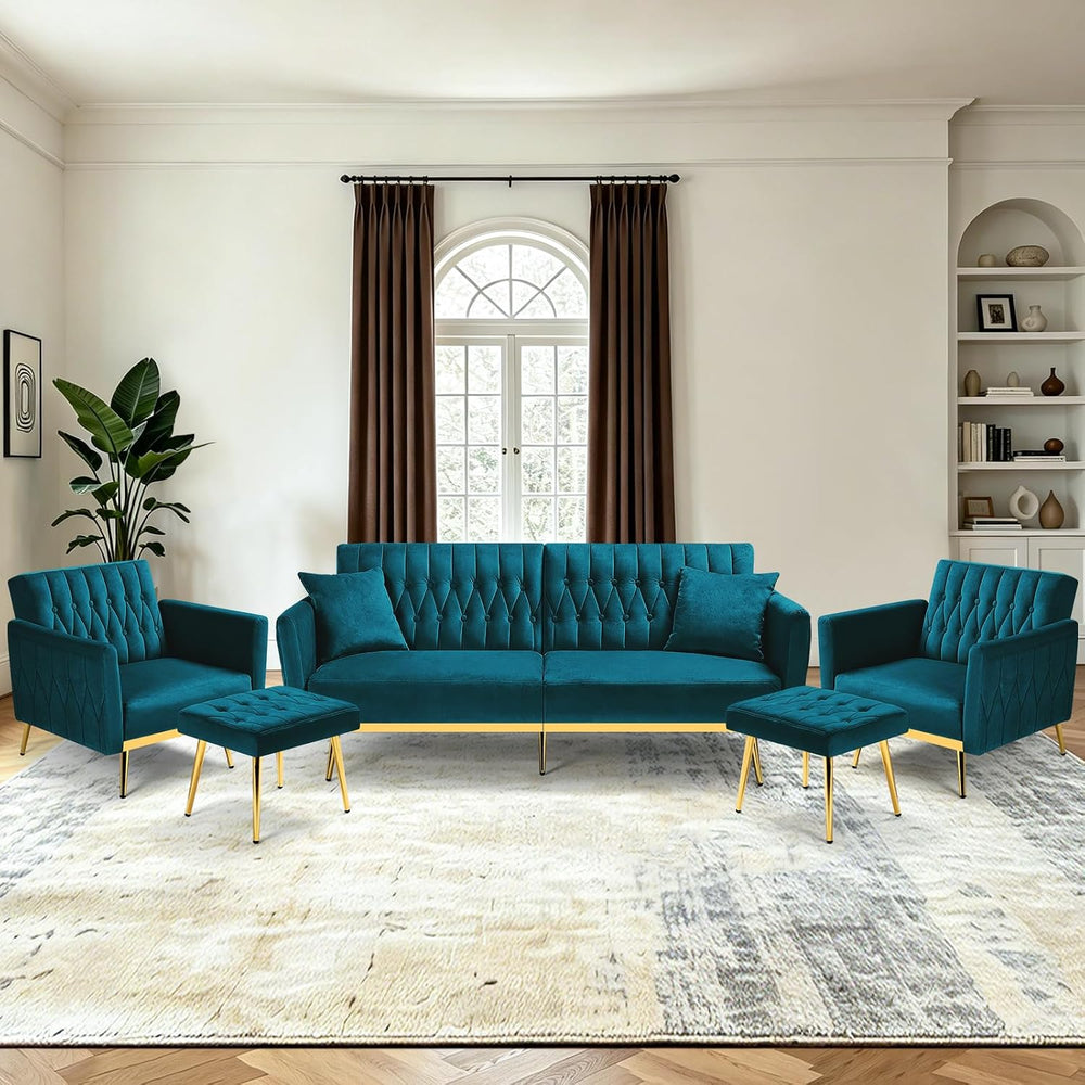 3 Pieces Velvet Sofa Set w/Adjustable Armrest &Backrest,Teal