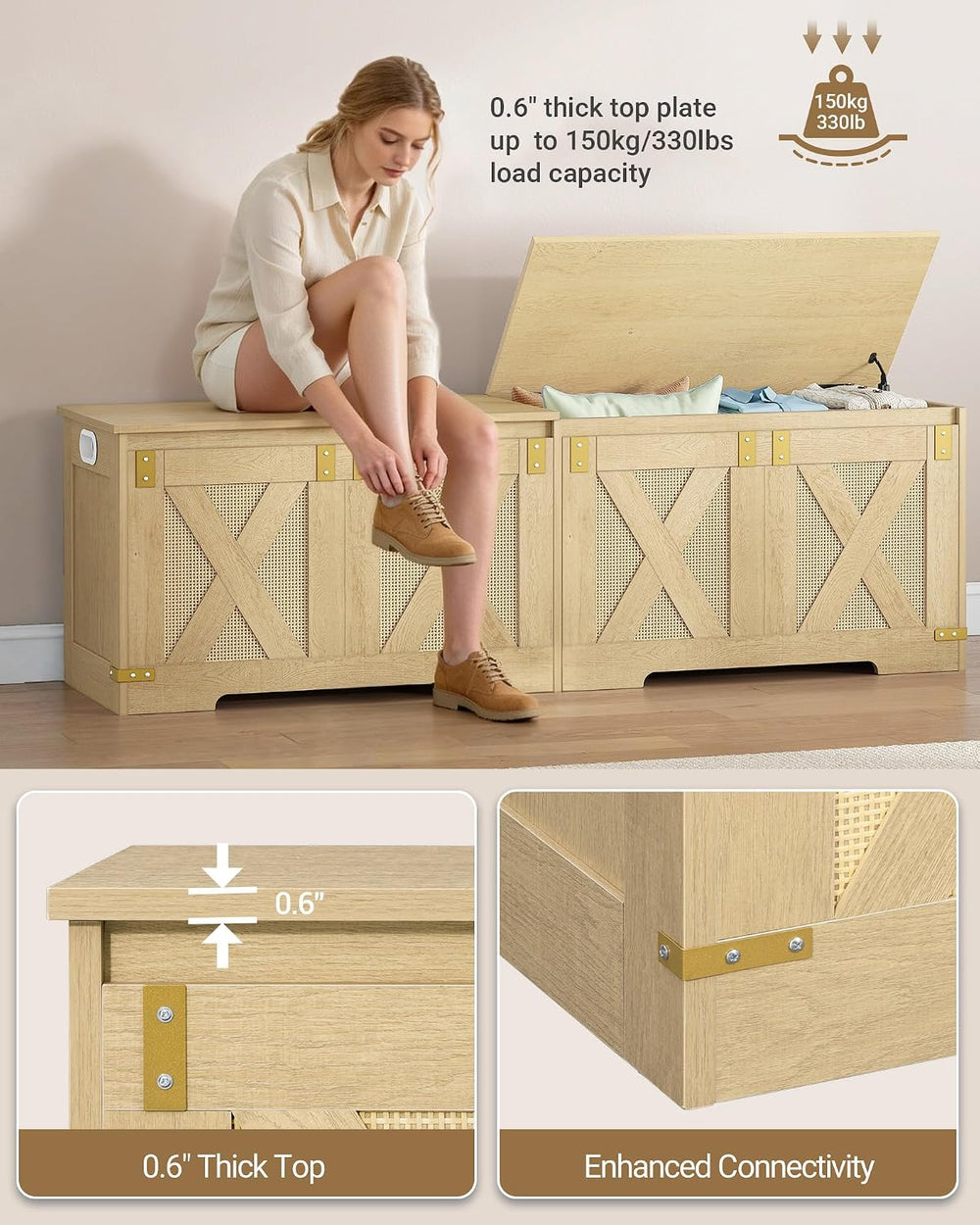 Hzuaneri 59" Boho Storage Chest and Bench | 70 Gal | 330lb Seat | Soft-C...