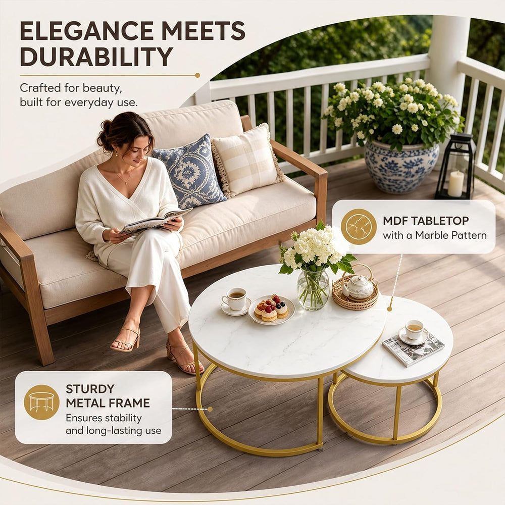 White Round Nesting Coffee Table Set of 2, Marble Pattern Top with Gold Metal...