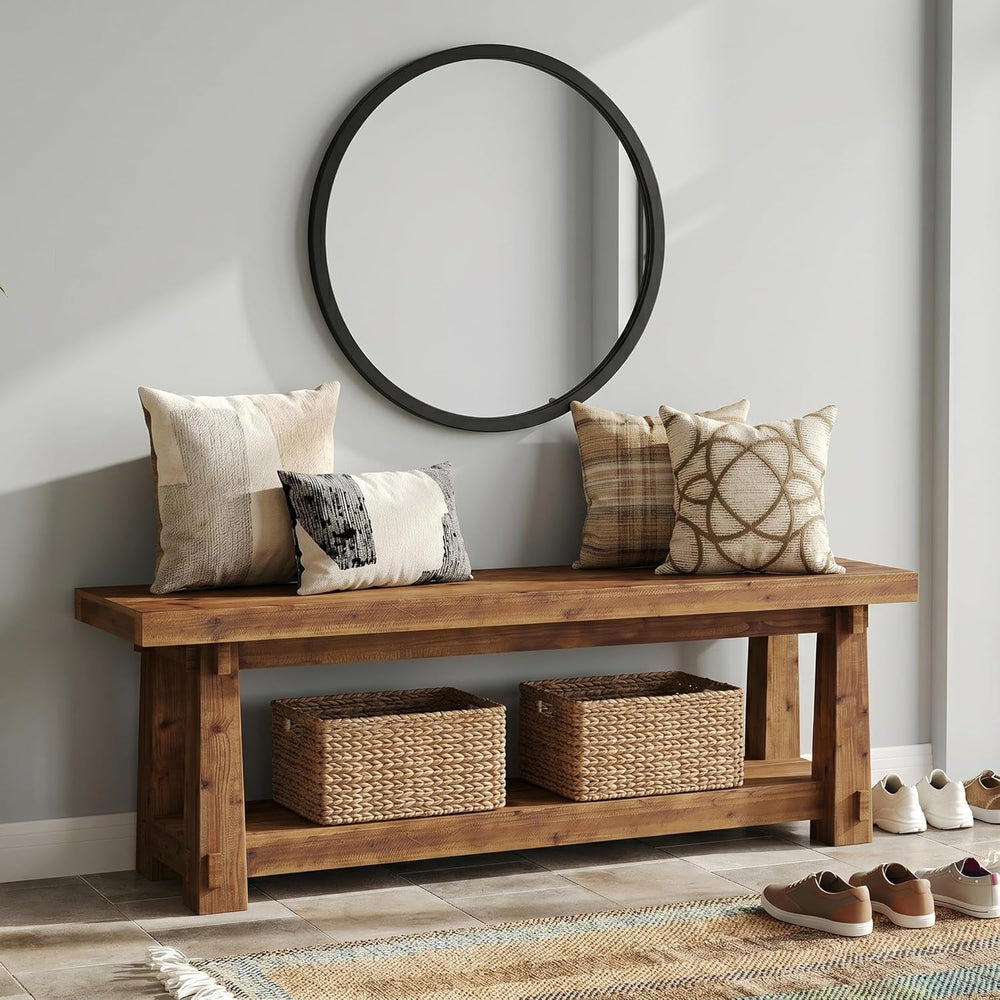 55" Solid Wood Entryway Bench with Shoe Storage, Rustic Wood Grain Shoe ...