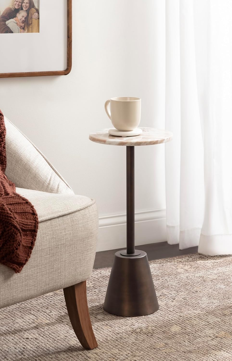 Kate and Laurel Tira Elegant Round Drink Table, 10 x 10 x 22, Brown Marble an...
