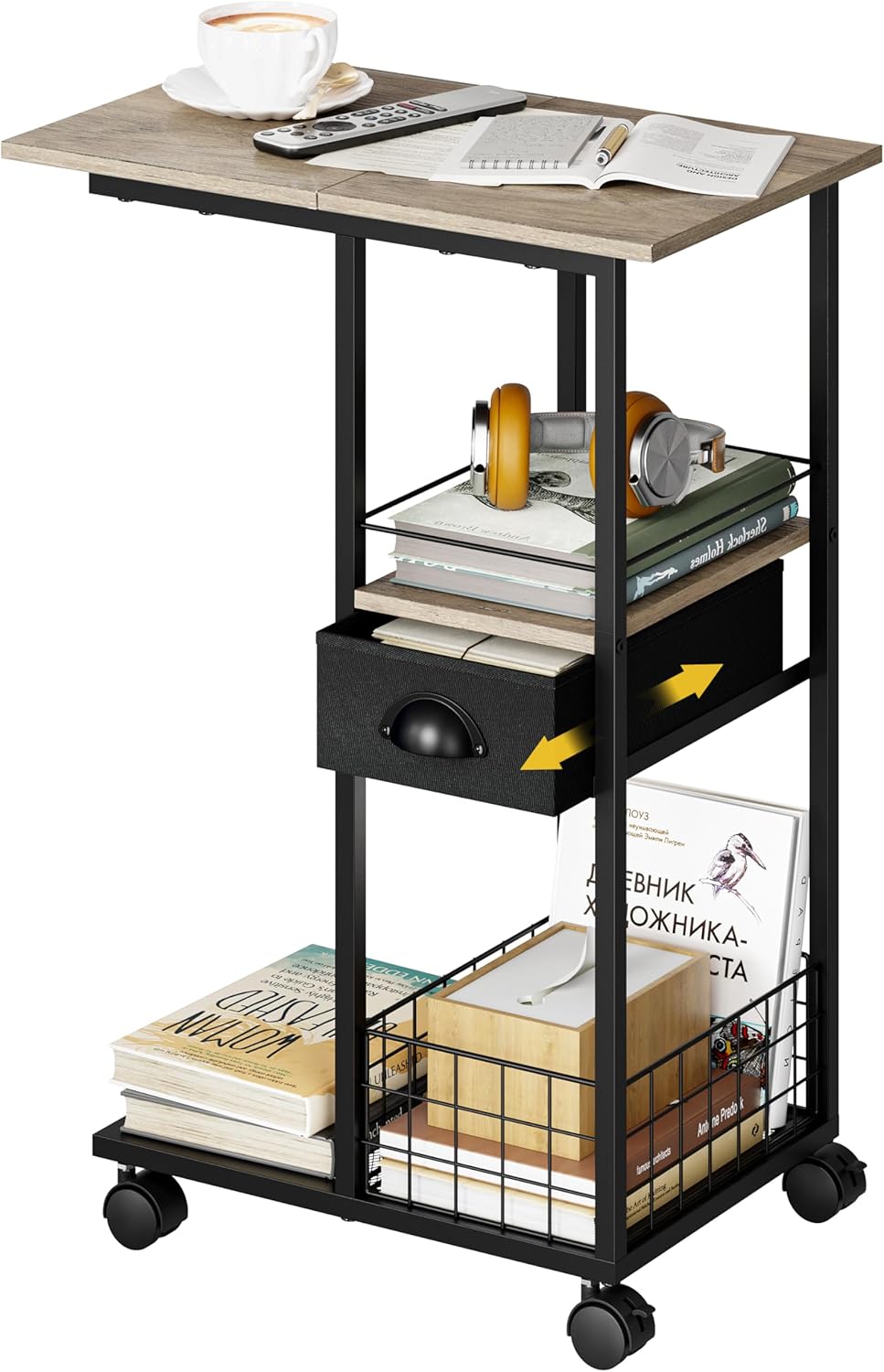 Rolling C Shaped Side Table with Storage Drawer, Ivory Portable Desk on Wheel...