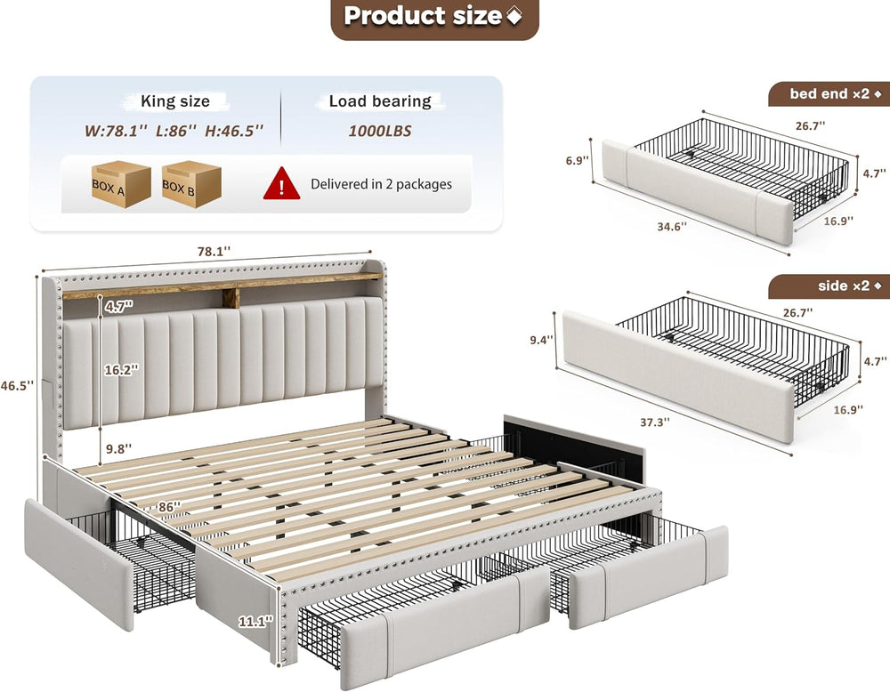 EnHomee King Size Bed Frame with 4 Storage Drawers & Storage Headboard