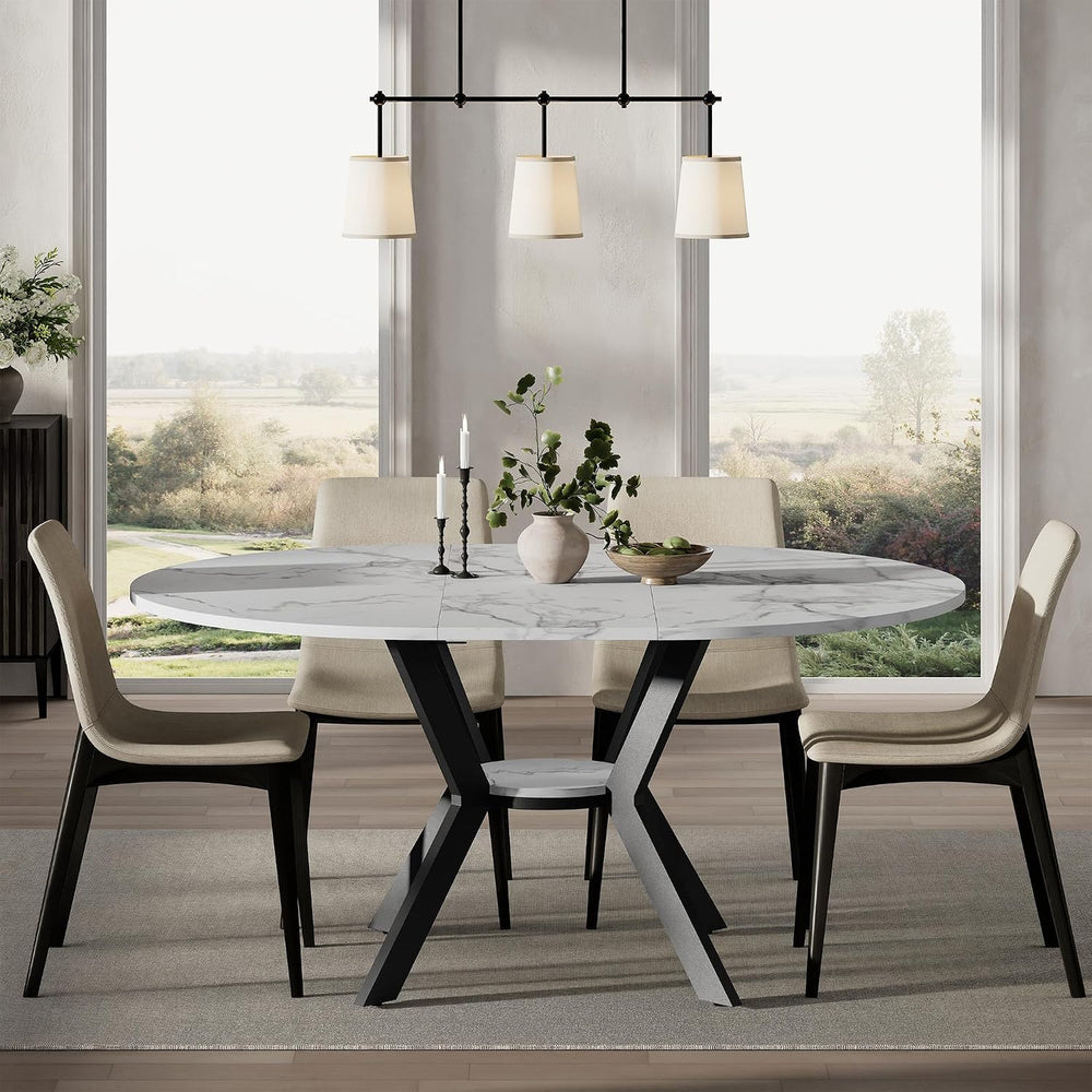42"-58" Round Extendable Dining Table for 4-6, Kitchen Oval Table w...