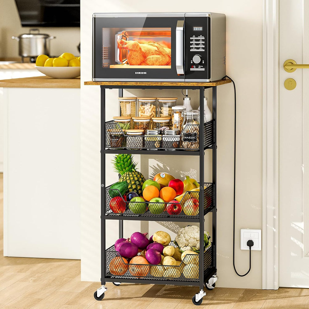 ThreeHio Rolling Kitchen Microwave Cart with Fruit Baskets, 4 Tier Microwave ...