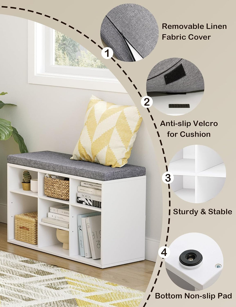 DINZI LVJ Shoe Storage Bench with Cushion, Cubby Shoe Rack with 9 Cubbies, Ad...