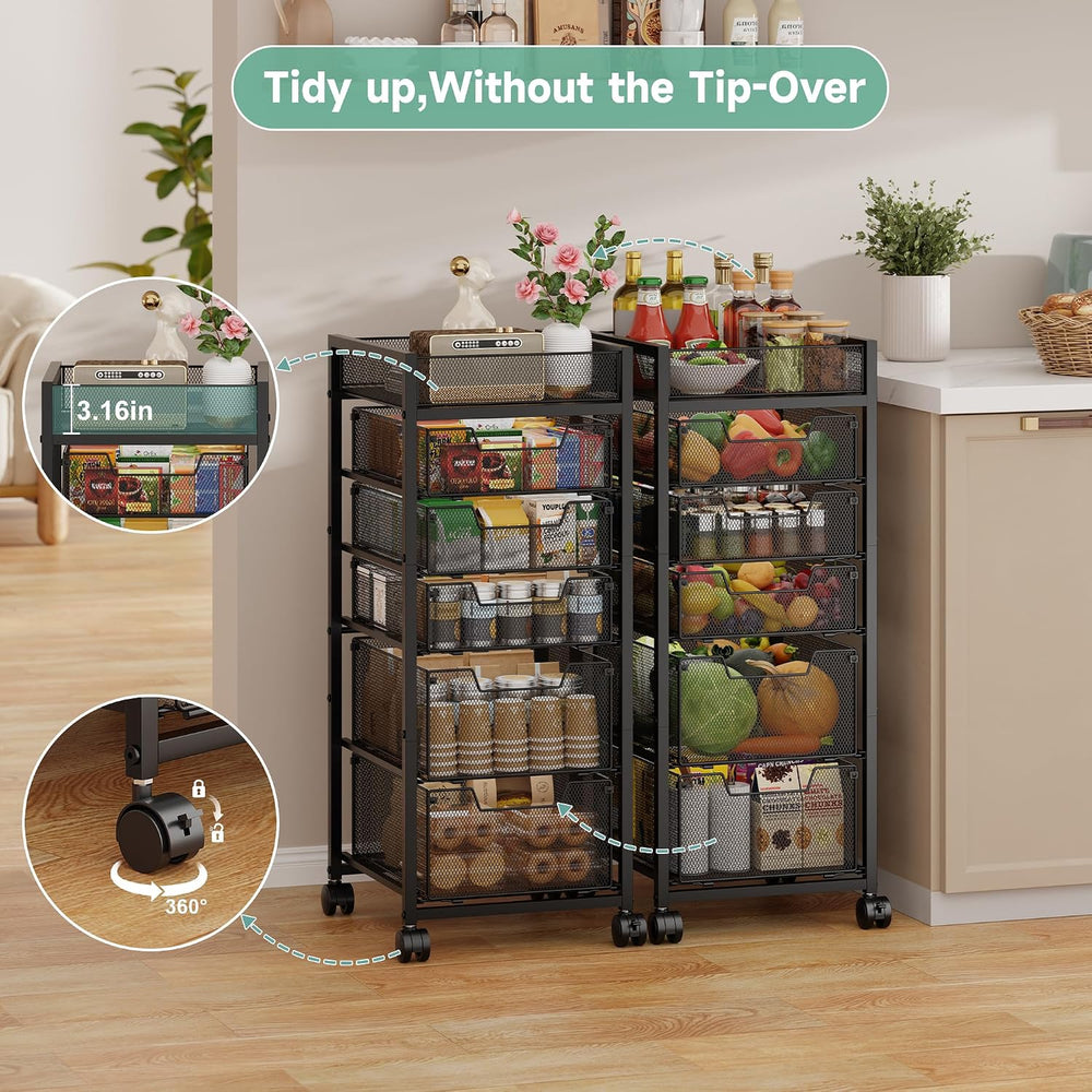 6-Tier Rolling Cart with 5 Drawers & Top Basket, Snack Cart with Wheels |...