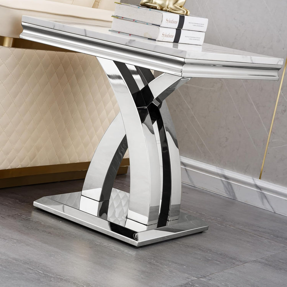 Modern Marble End Table Luxury White Faux Marble Sofa Side Table with Silver ...