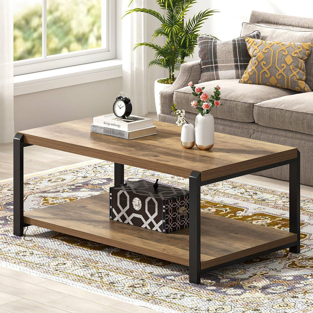 EXCEFUR Modern Coffee Table, Rustic Wood and Metal Center Table for Living Ro...
