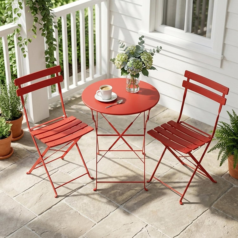 3 Piece Outdoor Bistro Set, Red Folding Table & Chairs for 2