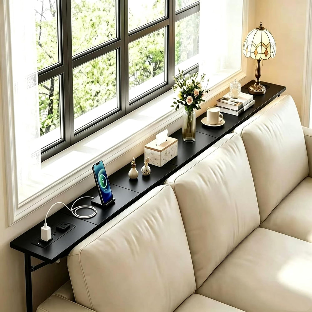 Adjustable Behind Couch Table with Outlets, Black