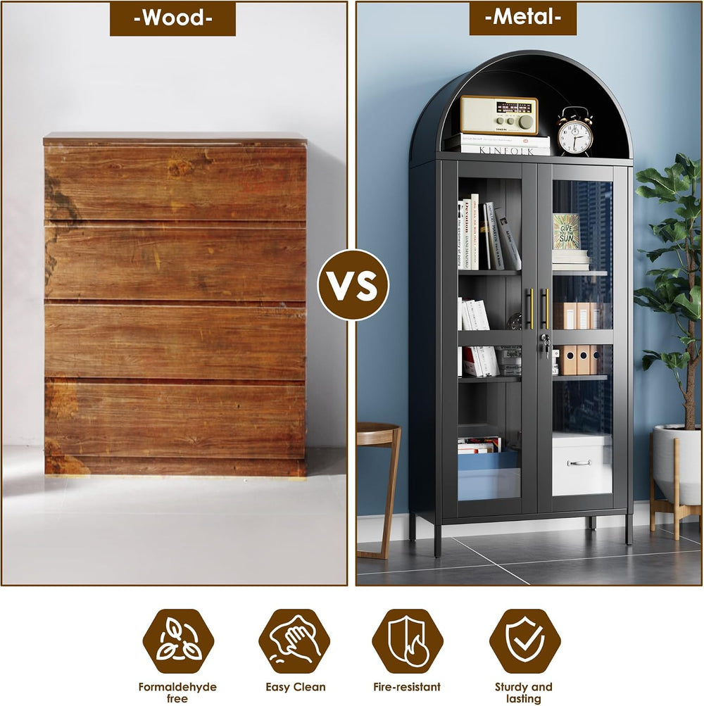 72.8" Tall Display Cabinet with Glass Doors, Metal Arched Cabinet with 2...