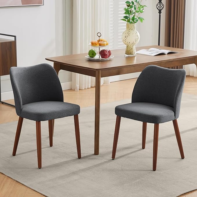 Dining Chair Set of 2, Linen Upholstered Dining Chair with Wood Legs, Wing Ba...