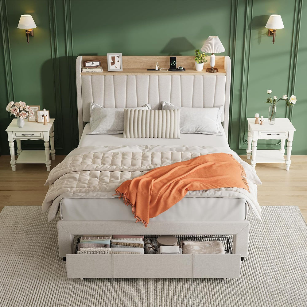 Garvee Platform Bed Frame Queen, Storage Headboard, Charging Station, Beige