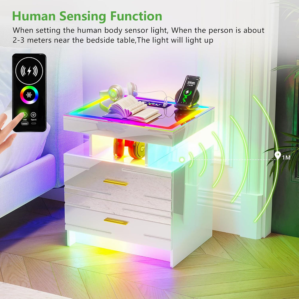 HNEBC Night Stand Set 2 with Wireless Charging Station& Remote Lights,Whi...