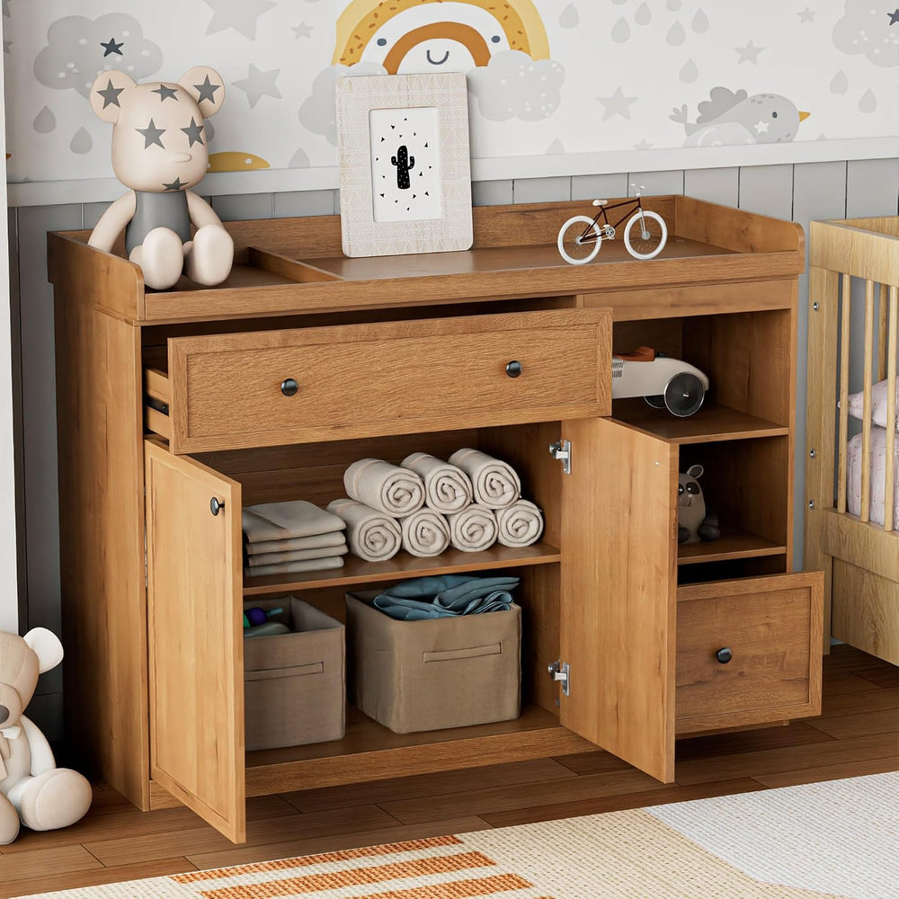 Wide Changing Table with 2 Doors, 2 Different Size Drawer&Storage Cubbies...