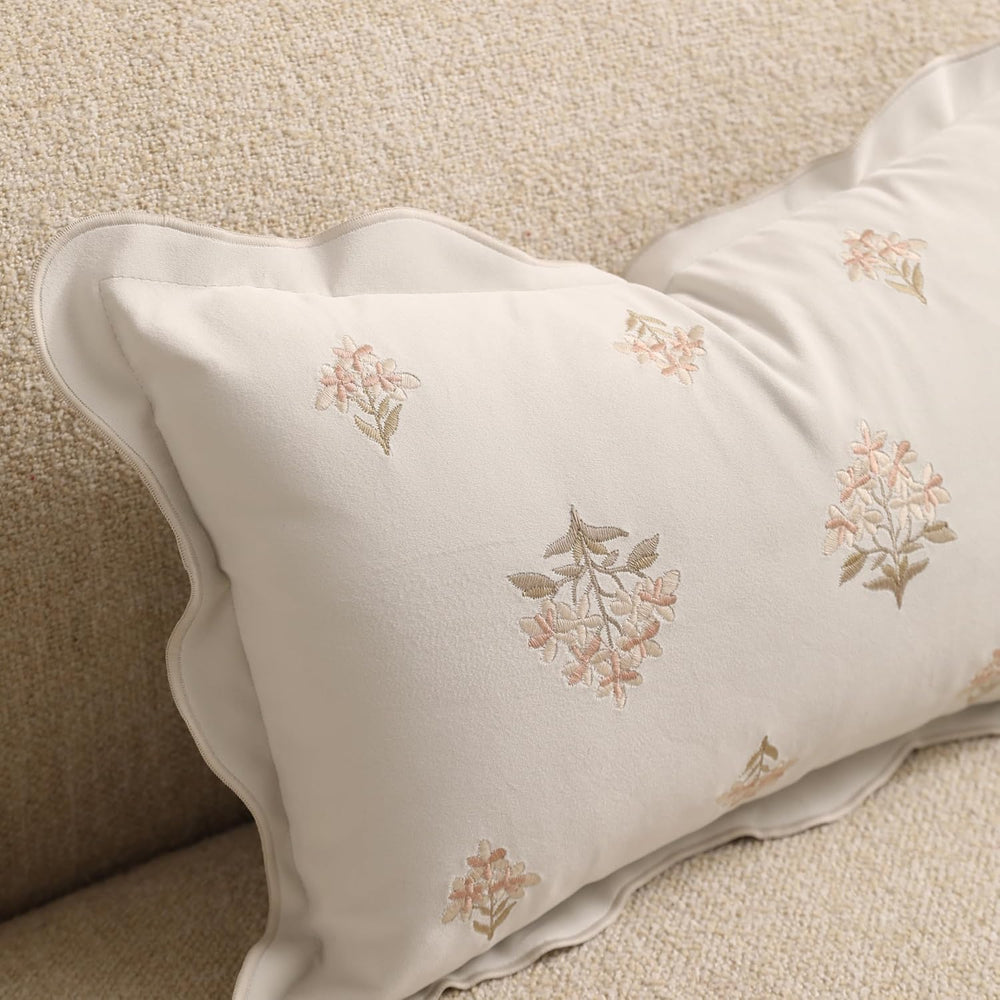 BlissBlush Long Lumbar Pillow Cover 14x36 for Bed, Cream White Velvet Decorat...