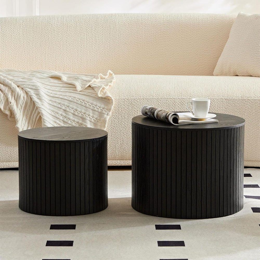 Nesting Coffee Table Set of 2,Modern Round Wooden Coffee Tables with Storage,...