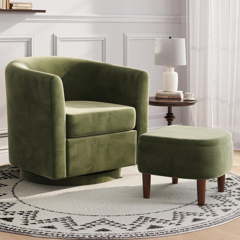 360° Swivel Accent Chair with Storage Ottoman | Small Modern Velvet Barrel Ch...