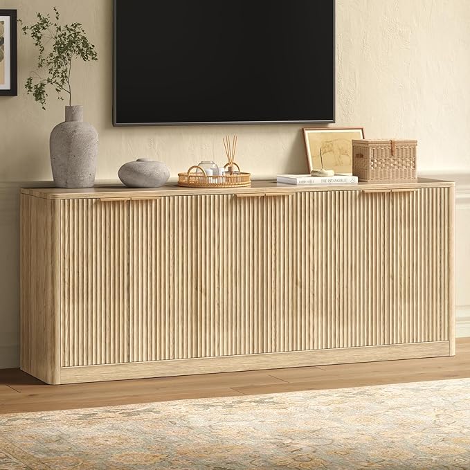 Evermagin 67" Oak Fluted TV Stand for TVs up tp 75", Mid-Century Mo...