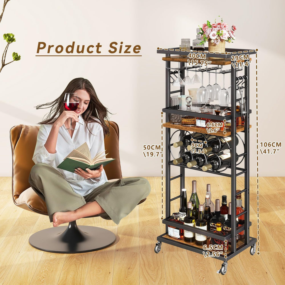 IBUYKE 4-Tier Wine Rack with Wheels,Bar Cart,Brown TMJ912H | Wine Car Cabinet...