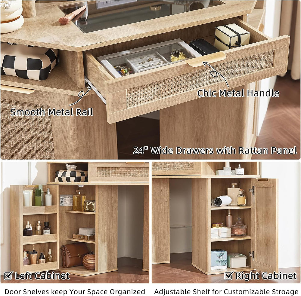 Lerliuo Corner Vanity Desk with 3 Way Mirror and Lights, Stool Sets | 46'...