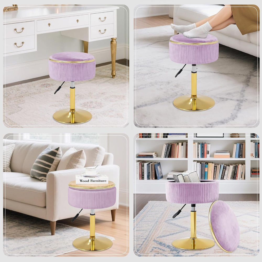 Adjustable Vanity Stool, Velvet Makeup Stool with Storage Purple | Small Vani...
