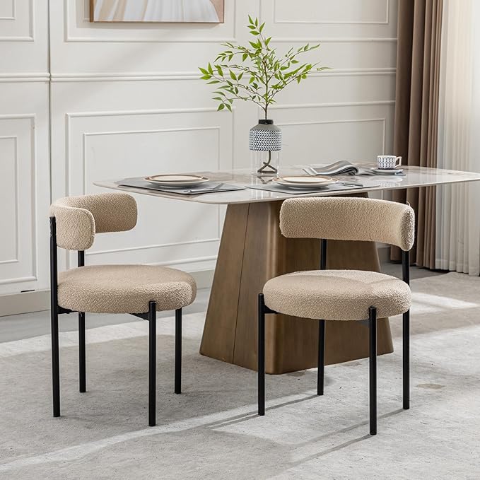 Boucle Dining Chairs Set of 2, Beige Dining Chairs with Upholstered Seat and ...