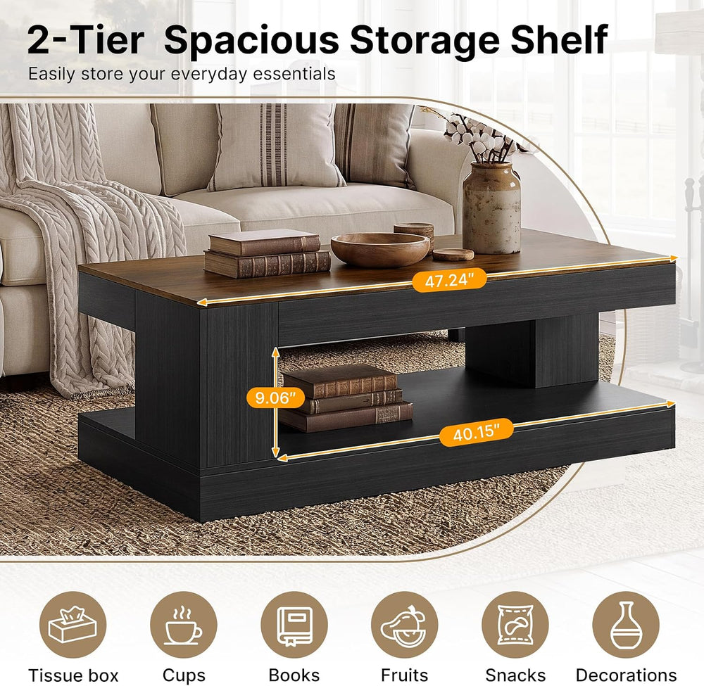 Miereirl Farmhouse Coffee Table with Storage Shelf, 2-Tier Wood Rustic Center...