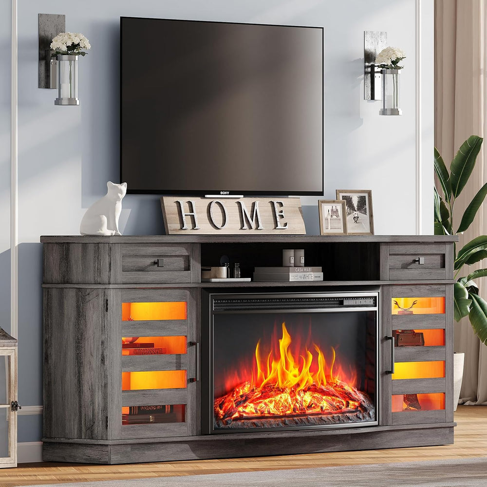 AMERLIFE 70" Fireplace TV Stand with 36'' Curved Electric Firepl...